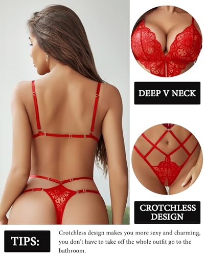Image of Avidlove Women Lingeries Deep V Teddy Lingerie Sexy Lace Bodysuit Cut Out One Piece Mini Babydoll