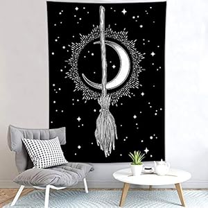 Hvest halloween tapestry witchs magic broom bohemian crescent mysterious moon stars black and white tapestry psychedelic hippie wall tapestries for living room bedroom dorm home decor 40x60 inch  urban country home decor