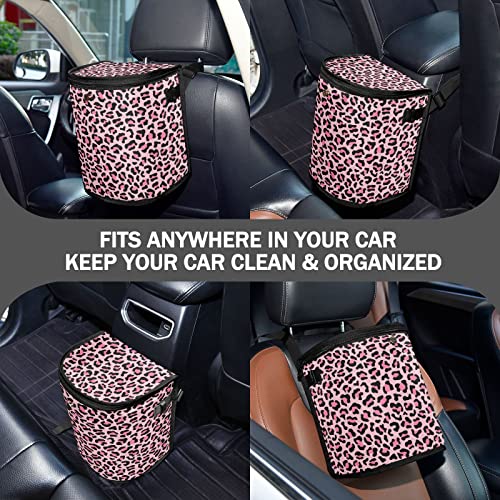 Image of Leopard Print Car Trash Can Pink Animal Skin Car Garbage Bag with Lid Hanging Waterproof Leak Proof Vehicle Storage Bin