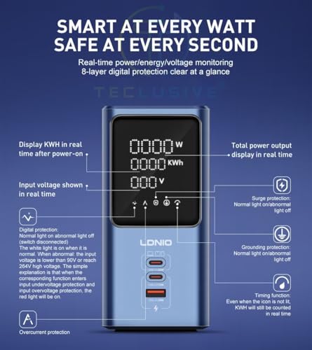 Image of T Teclusive Gan Tower Power Strip Extension Board with 45W Type C USB Display | 4 Sockets with 45W Gan QC PD Super Fast Charging | Vertical Multi Port Extension with LED Screen | 2M Cord | 2 Pin