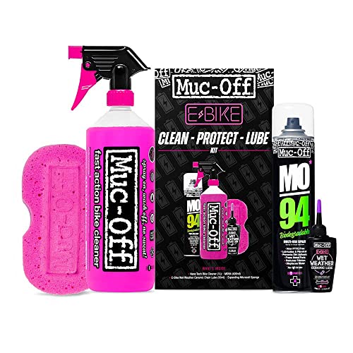 Muc-Off Kit de Limpieza de Bicicleta Electrica, Protección y Lubricación - Para Limpiar, Proteger y Lubricar tu eBike - Incluye Limpiador de Muc-Off, MO-94 y Lubricante de Cadena