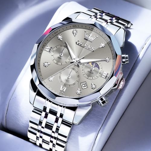 Image of OLEVS Watch for Men Luxury Gold Diamond Chronograph Business Wristwatch with Analog Quartz, Date Calendar, Stainless Steel Band, Luminous Hands, Waterproof