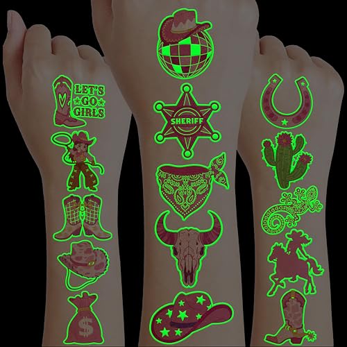 Image of 96 PCS Cowgirl Pre-Cut Luminous Glow in the dark Temporary Tattoos for Kids | Super Cute Themed Birthday Party Favors Supplies Decorations, Pink Disco Western Fake Tattoo Stickers Gifts for Boys Girls