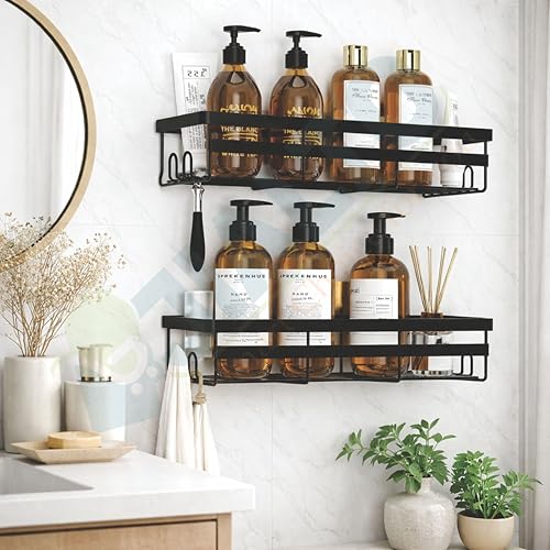 Image of JIALTO 2 Pieces Heavy Duty Self Adhesive Bathroom Accessories Set | Racks for Bathroom | Multipurpose Wall Mounted Washroom Organizer | No Drill Bathroom Shelves | Soap Rack for Bathroom (Black)