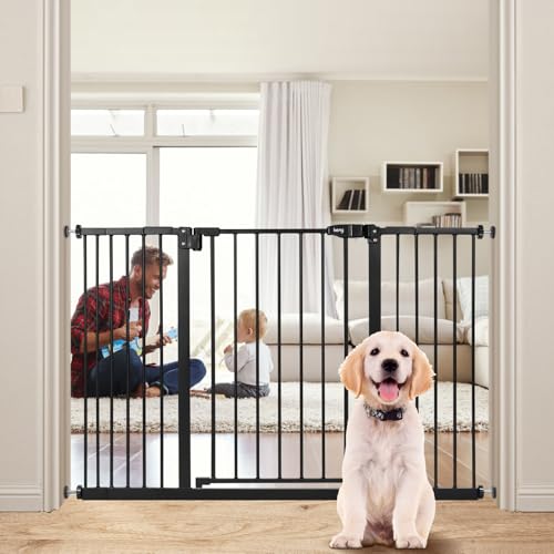 Image of keny 29 inch-47.3 inch Extra Wide Baby Gate for Stairs, Auto Close Safety Dog Gate | Pressure Mounted No Drilling Pet Gate for Doorways, Easy Walk Through Stair Gate for Kids Todder, 30 inch Tall, Black