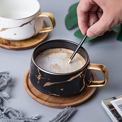 Coffeezone Luxury Golden Marble 10.5 Oz Matte Ceramic Latte Coffee Tea Cups with Wood Saucers (Black, Cup