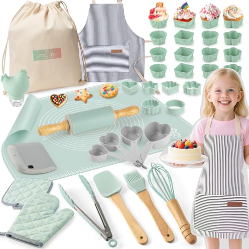 Ultimate Baking Kit for Kids - 38 Piece Kitchen Tools Food Grade Silicone BPA/BPS Free - Real Cooking Set for Ages 8-12 - Girls Boys Birthday Stocking Stuffer - Sage Green