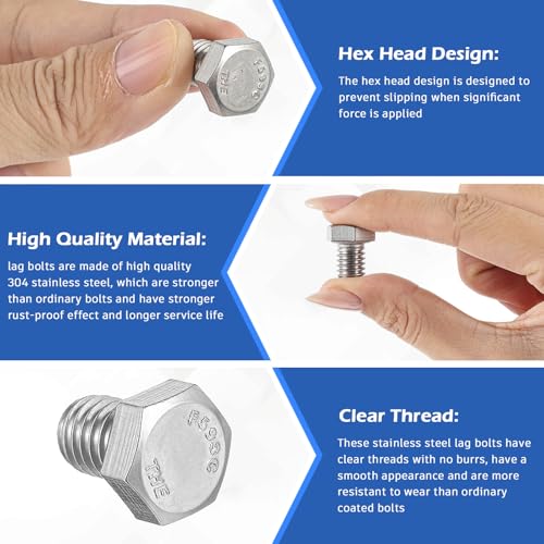 Image of Zonon 50 Pcs 3 /8-16 x 1 /2 inch Hex Head Screw Bolt 18-8 (304) Stainless Steel Hexagon Bolts, Fully Threaded, Plain Finish, External Hex Drive (Silver)