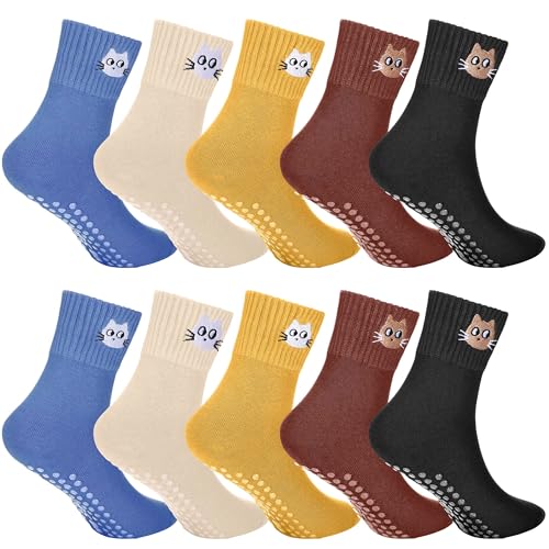 10 Pairs Cat Grip Pilates Socks for Women, Non Slip Yoga Crew Socks with Cute Embroidered Kitten, Ankle Length Cotton Sock for Women Pilates Yoga Dance Ballet Workout Gift