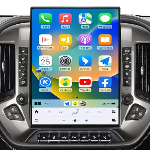 15.6 inch Car Radio for Chevrolet Silverado GMC Sierra 2014-2019 Replacement Stereo Head Unit 2K IPS Touch Screen Carplay Android Auto Bluetooth Tesla Style Navigation SWC OEM 8 Inch Support Bose