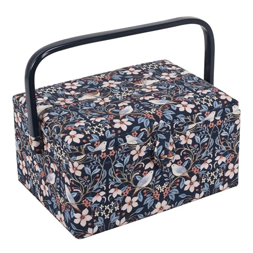 Hobby Gift Exclusiva caja de almacenamiento de tamaño mediano para manualidades y costura, bandeja para accesorios, bolsa para alfiletero, asa de PVC, 18,5 x 25,5 x 14,5 cm, pájaros en flores