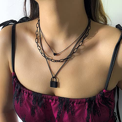 Stacked Necklaces for Women Black Lock Chains Heart Grunge Layered Necklace Aesthetic Pendant Multilayer Choker3