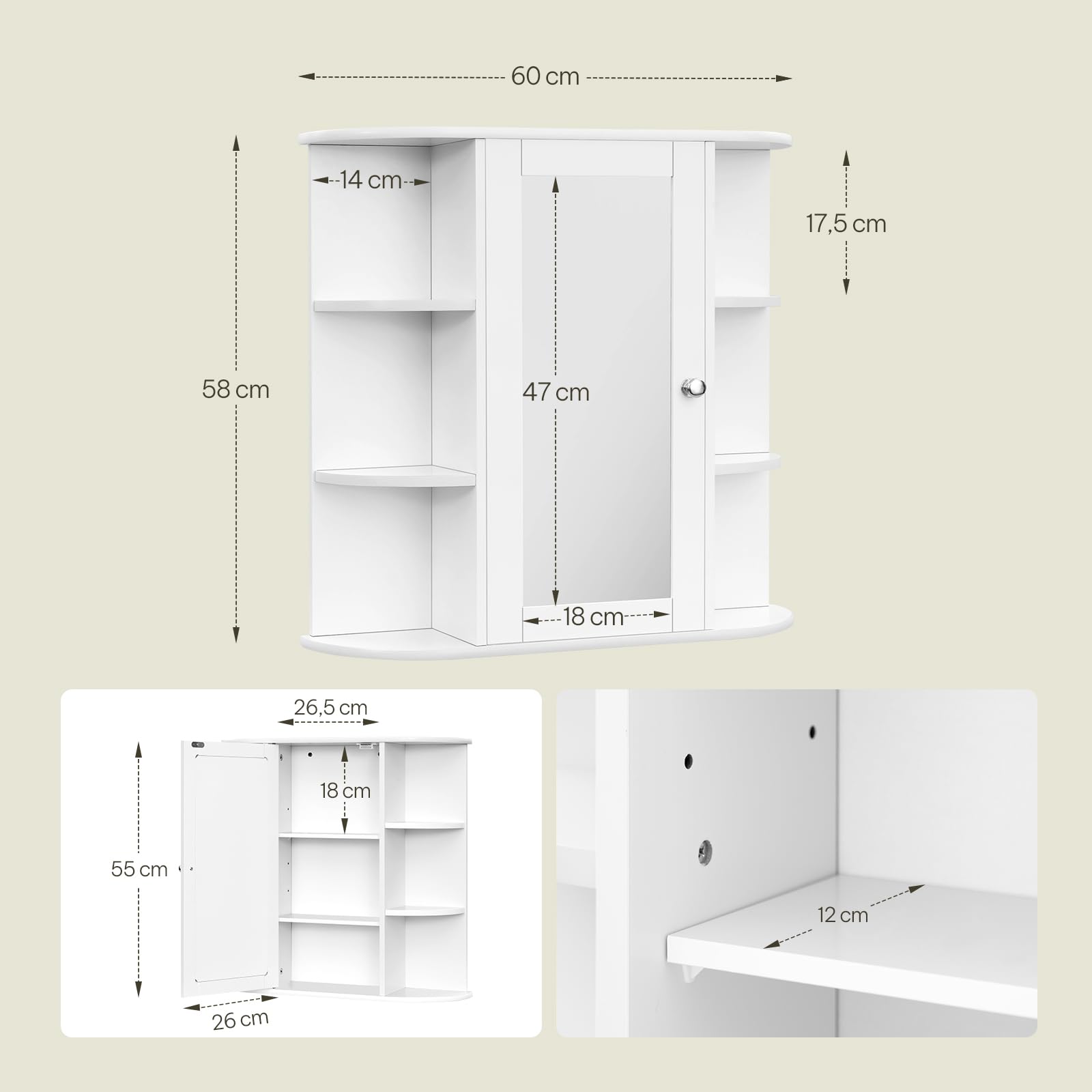 eSituro Armoire de Toilette avec Miroir et Porte, Moderne, Meuble Salle de Bain de Rangement Blanc, 60x58x16cm