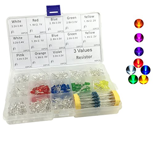 260Pcs 5mm Assorted LED Light Emitting Diodes 8 Colors with Free 90pcs 3 Value Resistor kit