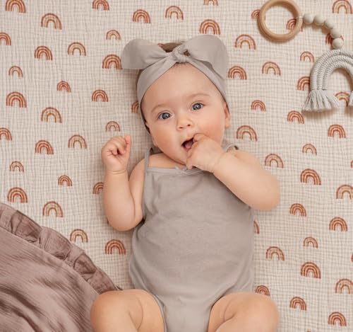Image of Blissful Diary Muslin Mini Crib Sheets, Pack and Play Mattress Sheets Fitted for Pack N Play, Soft Cotton for Boys Girls, 2 Pack(Dusty Pink&Rainbow)