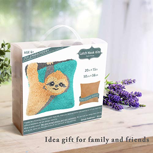 Image of clubevy DIY Latch Hook Kits Pillow Case Embroidery Carpet Set Needlework Pillow Cover Sofa Cushion Cover Craft Kits 17x17 inch (Sloth)