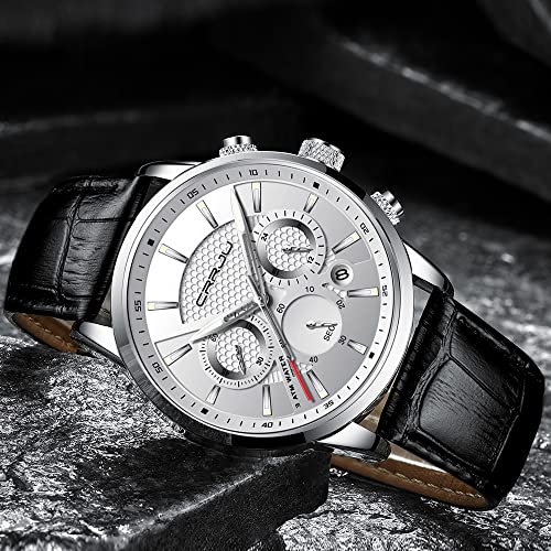 Image of CRRJU Men's Business Casual Chronograph Quartz Waterproof Wristwatch Black Leather Strap