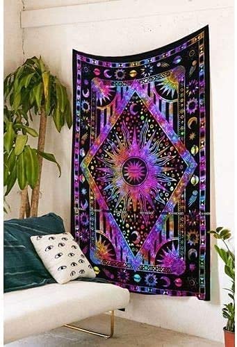 Doraya Dimond Burning Sun Moon Stars Psychedelic Tie Dye Mandala Tapestry Good Luck Tarot Wall Hanging Boho Hippie Hippy Celestial Indian Trippy Bohemian Tapestries (Poster (30X40 Inches), Purple Multicolor) #TOP2