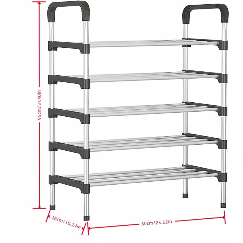 Image of 5-Tier Shoe Storage Rack | Space-Saving Free-Standing Shoe Organizer | Durable Metal Frame with Open Shelves | Ideal for Entryway, Closet, Bedroom fvewv (HANDRAIL-Black)