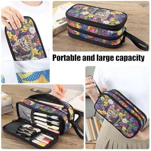 Image of Fustylead Vibrant Hand Draw Cat and Various Spring Floral Pencil Pen Case with 3 Compartments, Lightweight & Spacious Stationery Bag Cosmetics Bag