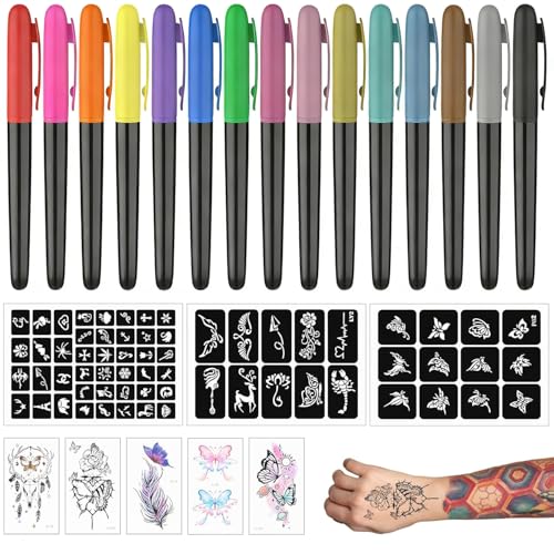 MokasakisoTemporary Tattoo Markers for Skin, 15 Colors Tattoo Pen & 64 Paint Stencils & 5 Tattoos Stickers,washable Temporary Tattoo Kit Glitter & Matte & Neon Glow Body Marker Set for Kids