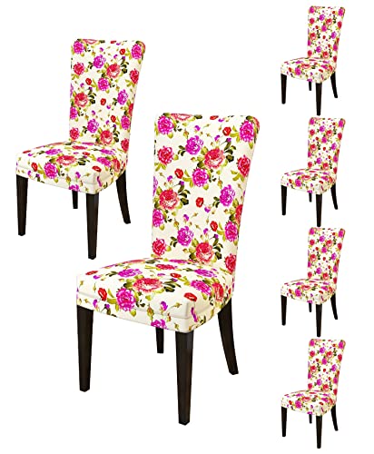 Nendle Polyester and Spandex Stretchable Removable Washable Elastic Chair Slipcovers Set of 6 for Short Dining Chair Cover Protector (Beige, 6 Pieces)
