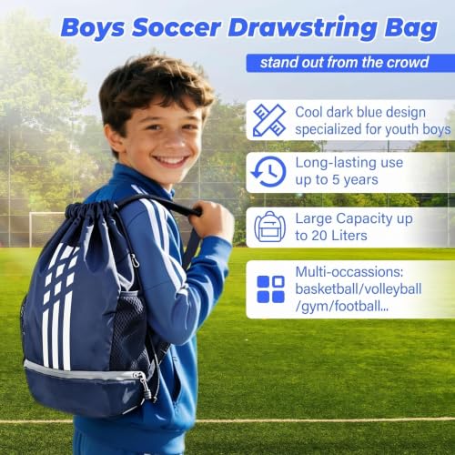 Image of Soccer Bag, Youth Soccer Basketball Bag with Compartments Drawstring Backpack for Football Volleyball Gym Training (Blue)