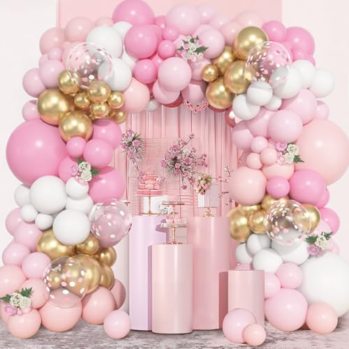 Image of Ouddy Life 157 Pcs Pink and White Balloons Arch Kit, Pink Gold Birthday Decorations for Women Girls, Pastel Pink Chrome Gold Latex Balloon Wedding Party Gender Reveal Anniversary Mothers Day
