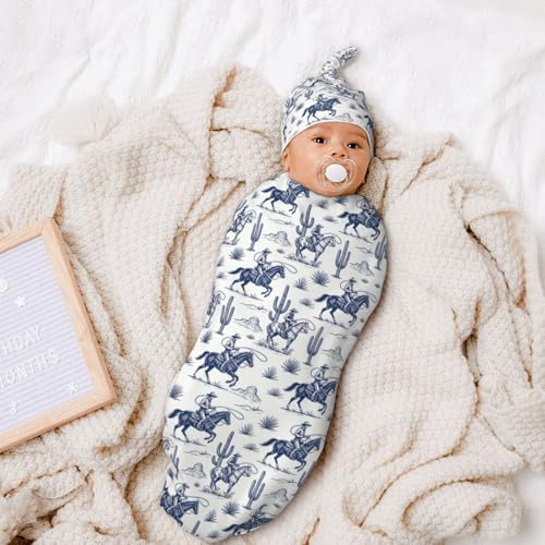 Image of Cowboy Cactus Western Newborn Baby Swaddle Blanket Baby Stuff,with Beanie hat Sets, Soft Gifts for Unisex Boys Girls Shower Infant