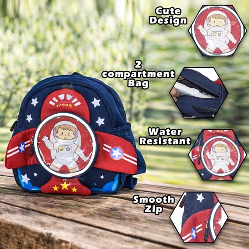 Image of WISHKEY Kids Bag for Boys & Girls (2-5 Years) Space Design Toddler Backpack with Safety Leash Chest Buckle & Adjustable Straps Water Resistant Lightweight Small Picnic Travel Bag Dark Blue