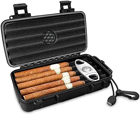 Flauno Travel Cigar Humidor Case - Portable Cigar Box with Humidifier Disc & Cigar Cutter | Waterproof | Airtight | Durable (Holds up to 5 Cigars)