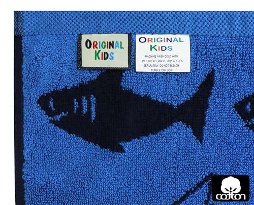 Image of ORIGINAL KIDS 6 Piece Towel Set - Bath Time Shark Attack- 2 Bath Towels, 2 Hand Towels, 2 Washcloths - 100% Cotton Jacquard Soft Absorbent Quick Dry Pool Beach Towel Gift - Navy Blue