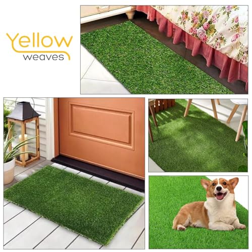 Image of Yellow Weaves 35 Mm High Density Artificial Grass Rectangular Carpet Mat For Balcony, Lawn, Door - (2 X 1 Feet), Green