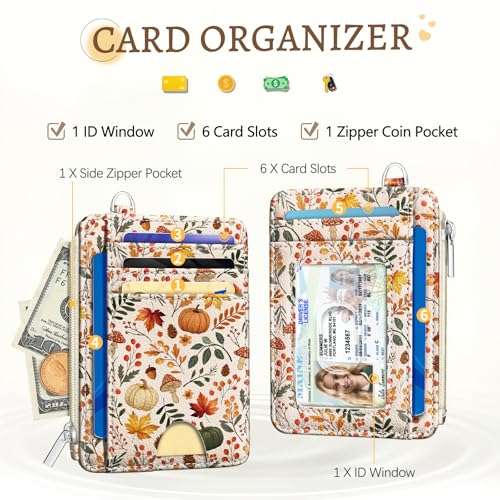 Image of Kelvoris Fall Leaf Credit Card Holder Small Wallet Women Slim RFID Keychain | Keychain, Zipper Coin Pocket, Front Pocket Thin Travel Card Case, Minimalist, 6 Card Slots, 1 ID Window, Ladies Gifts Woman
