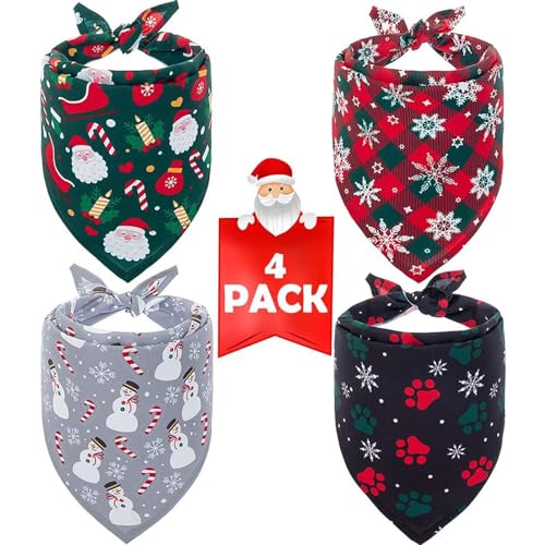 SCENEREAL Christmas Dog Bandana 4 Pack - Soft and Breathable Pet Triangle Scarf Bibs, Full of Chirstmas Element Patterns, for Dogs and Cats