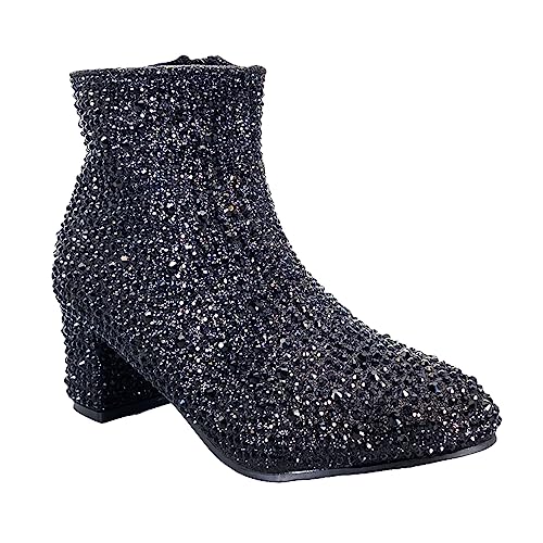 ABSOLEX Girle's Rhinestone Round Toe Block Chunky Low Heel Ankle Booties