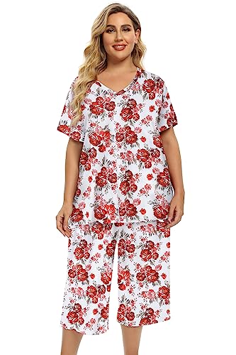 Image of Vozanet Women's V Neck Sexy Pajamas Capri Sets Mexican Style Floral Sleepwear 2PCS Totem Casual Nighty Plus Size M to 5XL