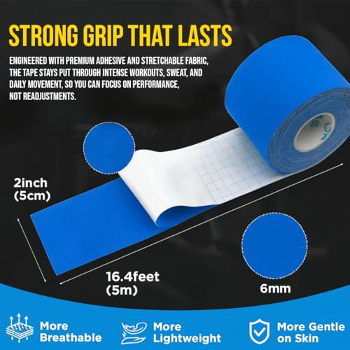 Image of PulseITSportsTape Kinesiology Tape- Waterproof & Sweatproof Sports Tape for Muscle Support, Pain Relief & Injury Recovery | Athletic Physio Tape for Knee, Shoulder, Ankle. 5cm x 5m (Plain, Blue)