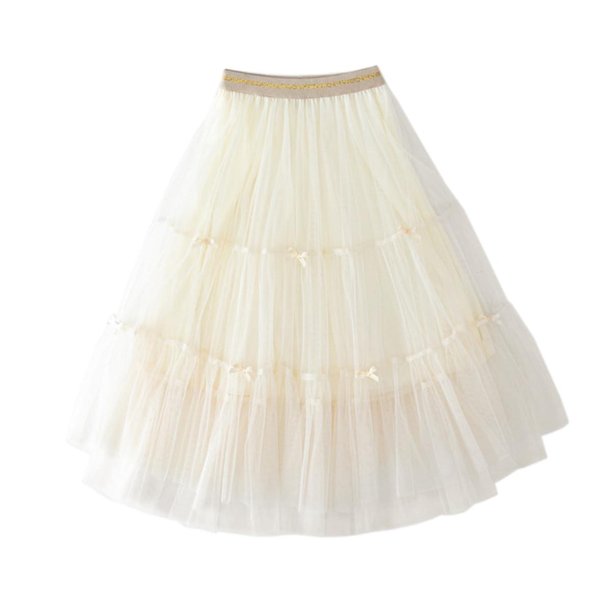 Citridarll Girls Bow Beige Tulle Skirts For Long Maxi Tutu Princess Tiered A Line Mesh Elastic Waist Skirt 130, 6-7 Years,