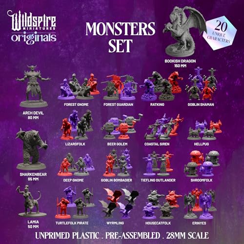 Image of Wildspire Fantasy Monsters & Bookish Dragon for DND Miniatures Unpainted Bulk 28mm-32mm Dungeons & Dragons Minis Pathfinder Figures Fantasy Unpainted Tabletop RPG Miniature Starter Set for D&D