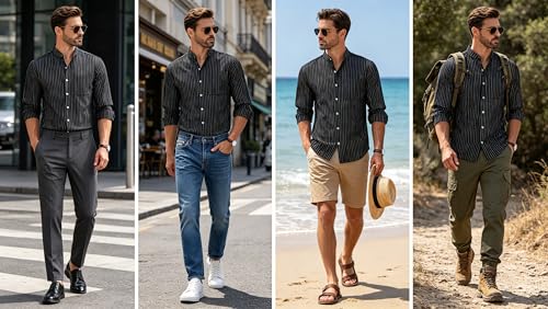 BAYAMO Men's Banded Collar Stripe Shirt, Linen Cotton Mandarin Collar Long Sleeve Button Down Shirts Collarless Tops(Black, L) - image 6