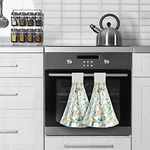 Floral Leaves Kitchen Hand Towels - Green Yellow Flowers Leaf Hanging Tie Towels With Loop & Hook Soft Botanical Plants Dishcloths For Bathroom Washroom Guestroom Hotel #TOP4