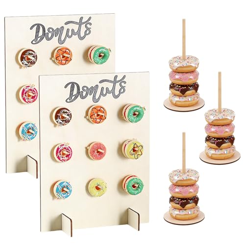 5 Pcs Wood Donut Stand Set 35×26cm Donut Wall Display Stand 3 pcs Donut Stands for Table Reusable and holds multiple donuts for Wedding Birthday Parties Decorations Supplies