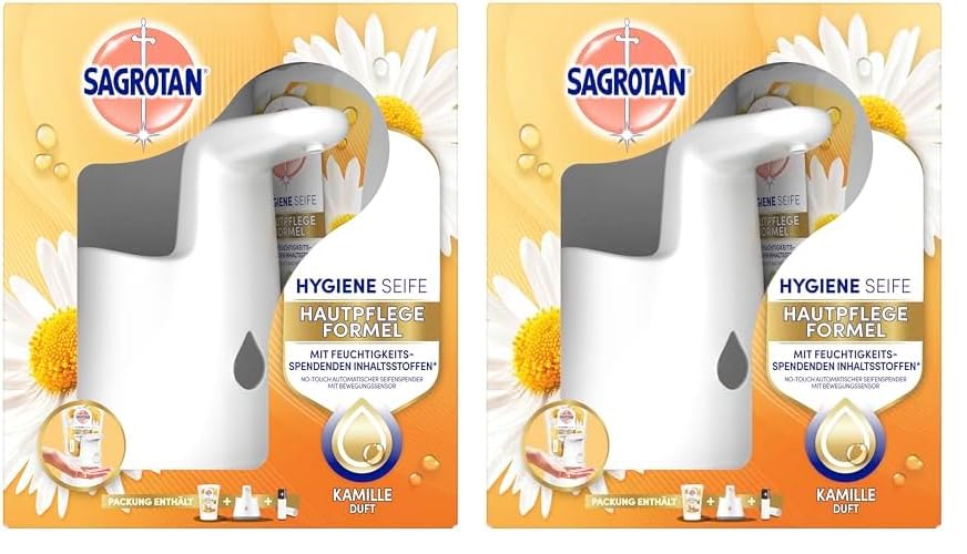 Sagrotan No-Touch Automatischer Seifenspender Weiß – Inkl. Sagrotan Nachfüller Lotusblüte und Kamille – 1 x 250 ml Flüssigseife (Packung mit 2)
