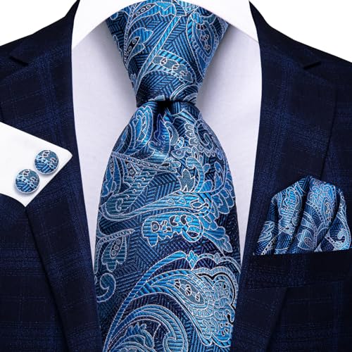 Image of Hi-Tie Men 63inches Tie Set Extra Long Necktie Paisley Tie Pocket Suqare Cufflinks Big and Tall Men Tie