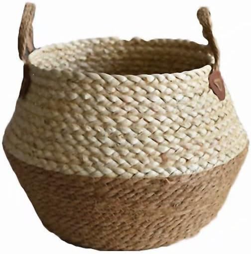 Kerio Seagrass Belly Basket for Storage, Laundry, Picnic, Woven Straw Beach Bag, Plant Pots Cover Indoor Decorative, 11.4 x 11.8 Inch