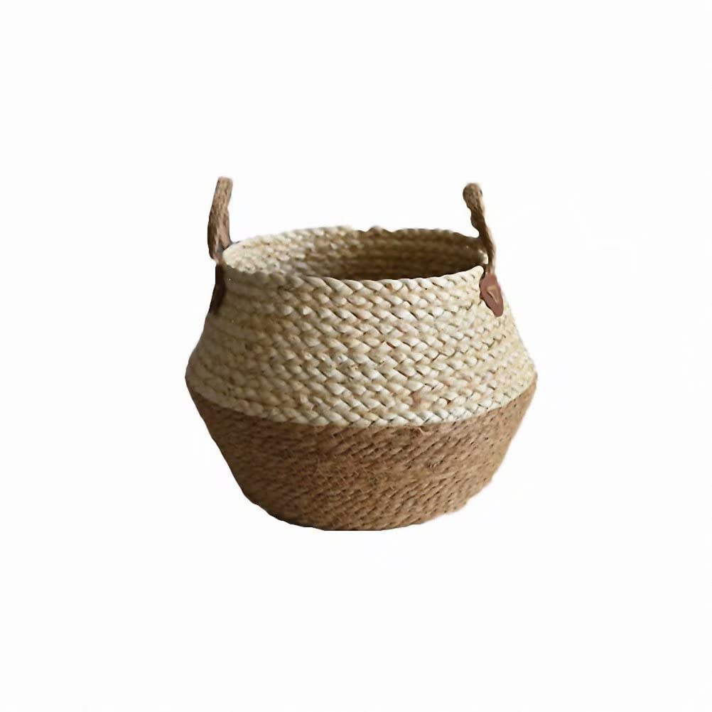 Kerio Seagrass Belly Basket for Storage, Laundry, Picnic, Woven Straw Beach Bag, Plant Pots Cover Indoor Decorative, 11.4 x 11.8 Inch