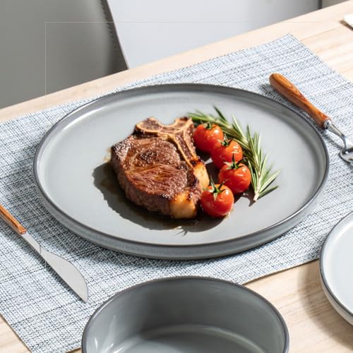 Image of Dinnerware Sets for 4, 12 pcs Reactive Glaze Plates and Bowls Sets, Gary | Large Size Modern Stoneware Dishes, Chip & Scratch Resistant, Dishwasher and Microwave Safe Tableware, Glossy