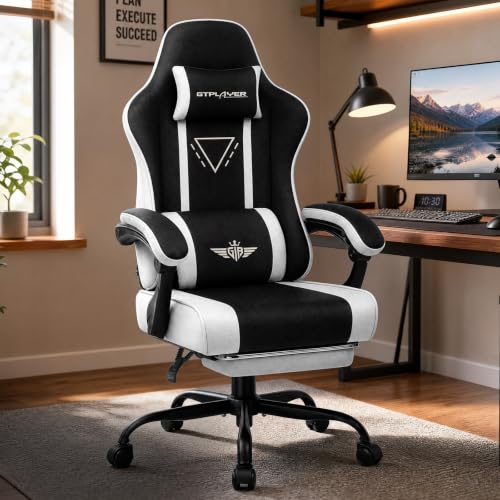 Image of GTPLAYER Video Gaming Chair Fabric, Ergonomic Computer Chair with Footrest and Pocket Spring Cushion, Height Adjustable Video Gamer Chair with Lumbar Support for Adults, White