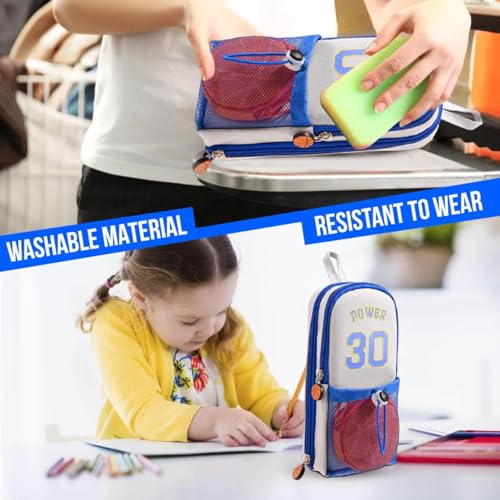 Image of DEOXY Polyester Large Capacity Pencil Pouch with 3 Zippers & 5 Compartments - Waterproof Standing Pencil Case with Metal Zipper + Football Charm & Coin Pouch (Idol),Blue